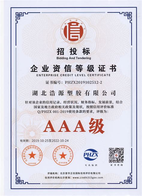 淮北中小企业资信等级认证证书